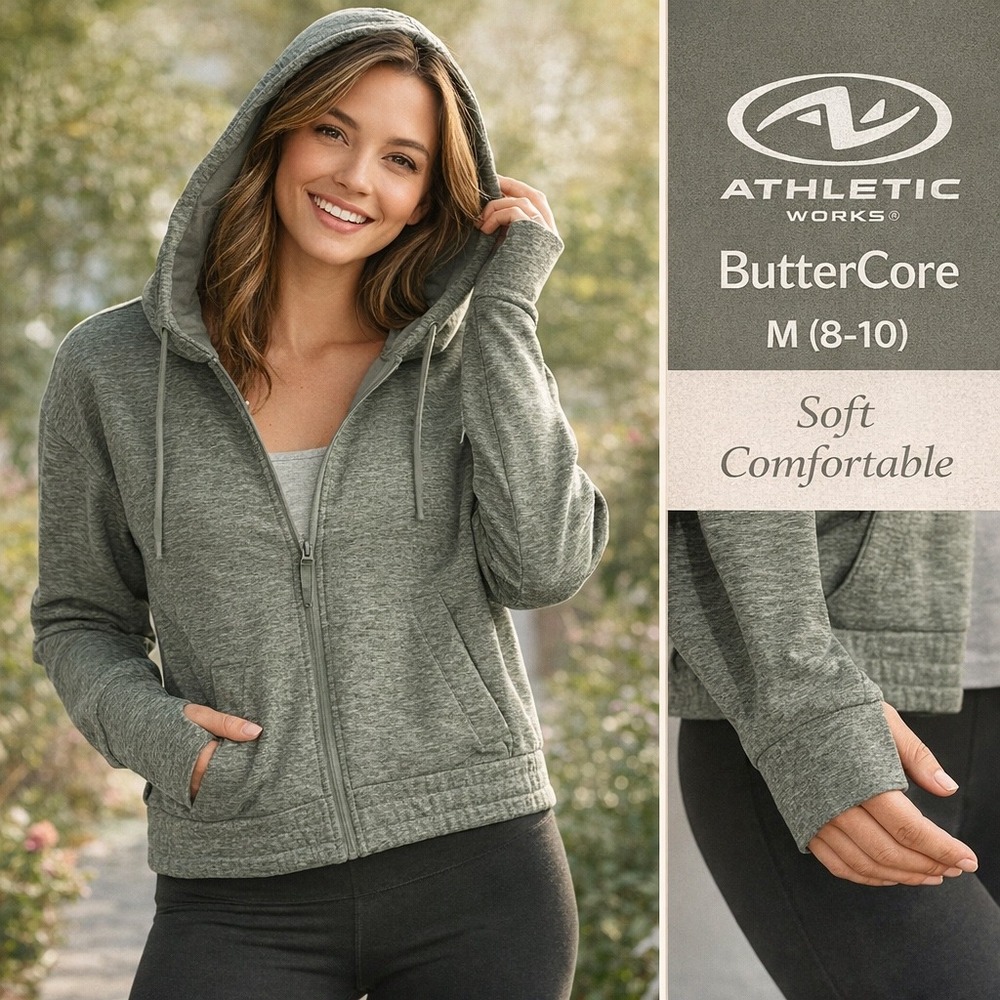 Athletic Works Hoodie‎ Women M 8-10 Grey ButterCore Cropped Zip Up Thumbhole Gym